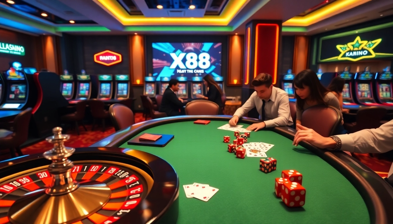 Casino scene capturing excitement at nhà cái XX88 with poker, roulette, and slot machines.