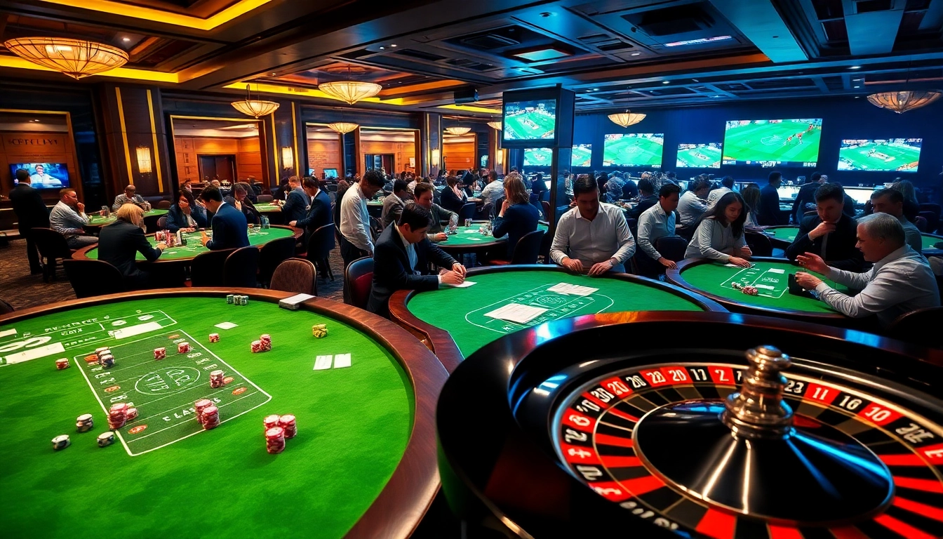 A bustling Agen Judi Bola scene featuring vibrant tables, poker chips, and excited gamblers.