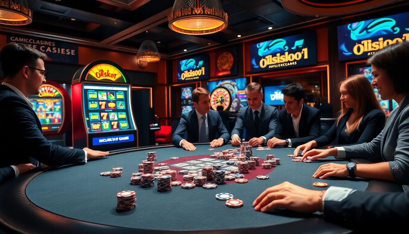 Engaging players at a high-stakes poker table in a luxurious casino, featuring idnslot promotions and vibrant slot machines.
