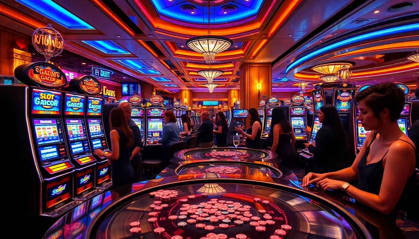 Rasakan sensasi slot gacor dengan mesin slot kasino yang berwarna-warni dan pemain yang bersemangat.