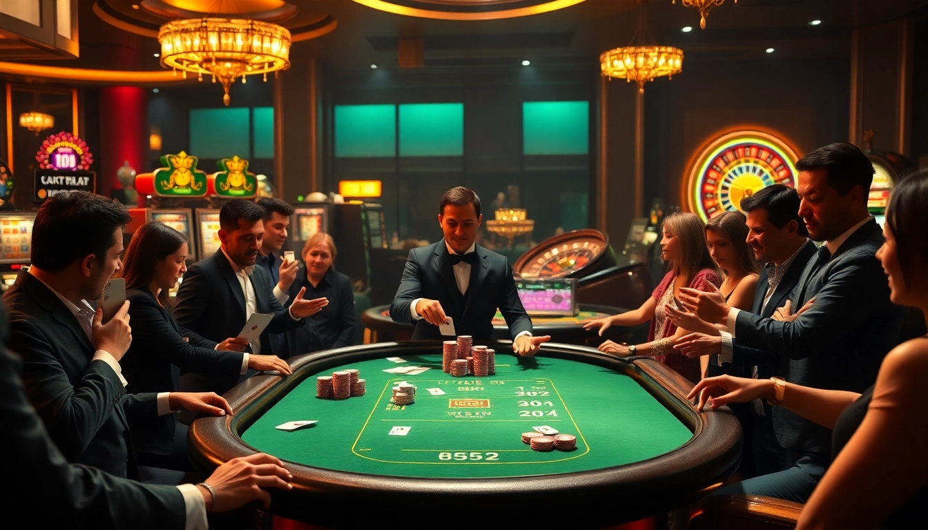 B52 gaming table bustling with players enjoying high stakes poker excitement.