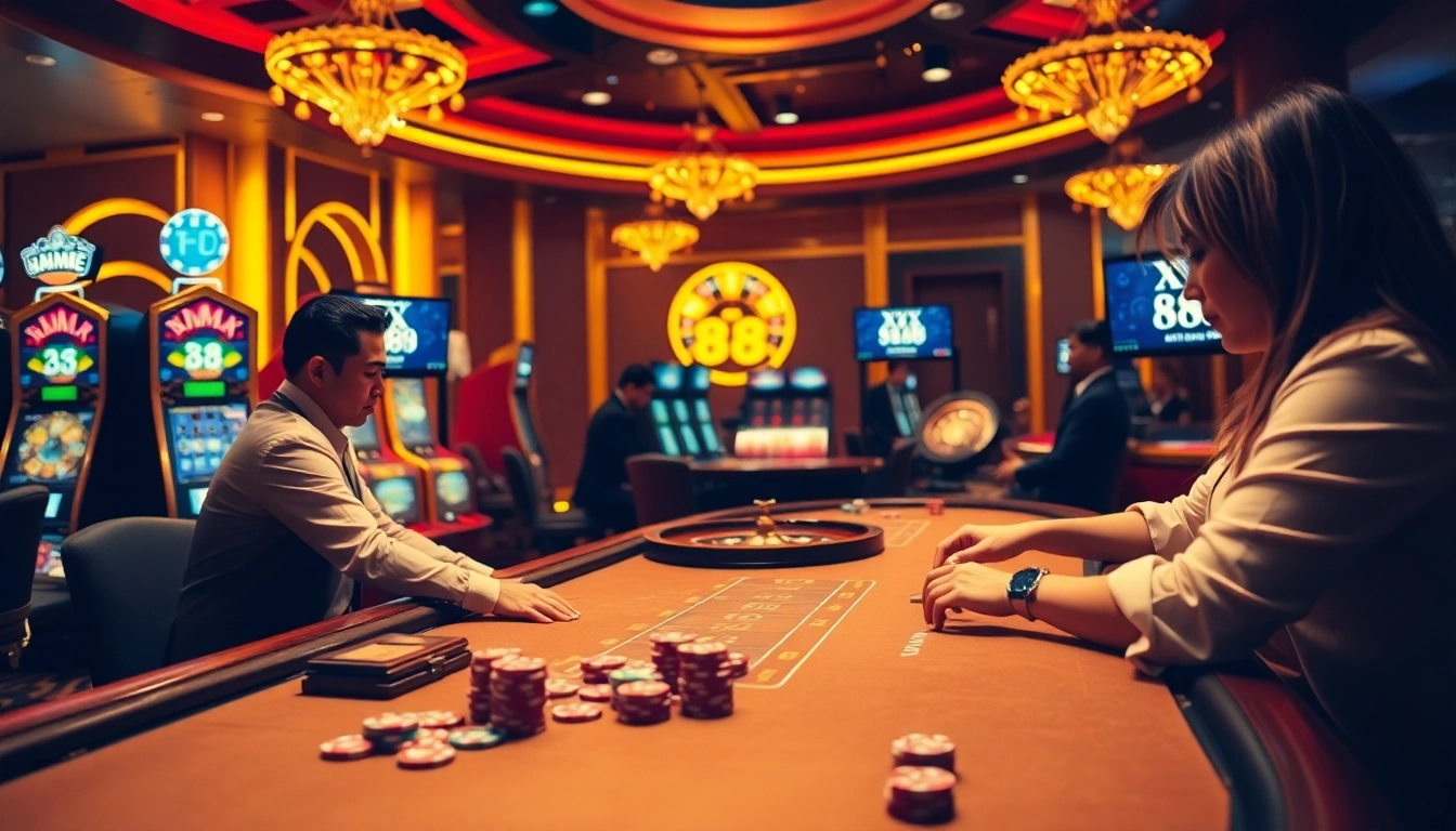Experience the excitement at XX 88 casino, showcasing vibrant gaming with cards and roulette.