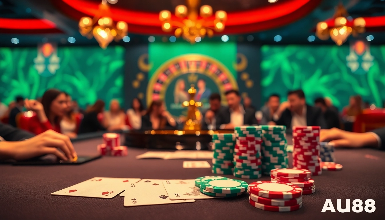 Experience a thrilling game at AU88 casino, with vibrant poker chips and a roulette wheel.