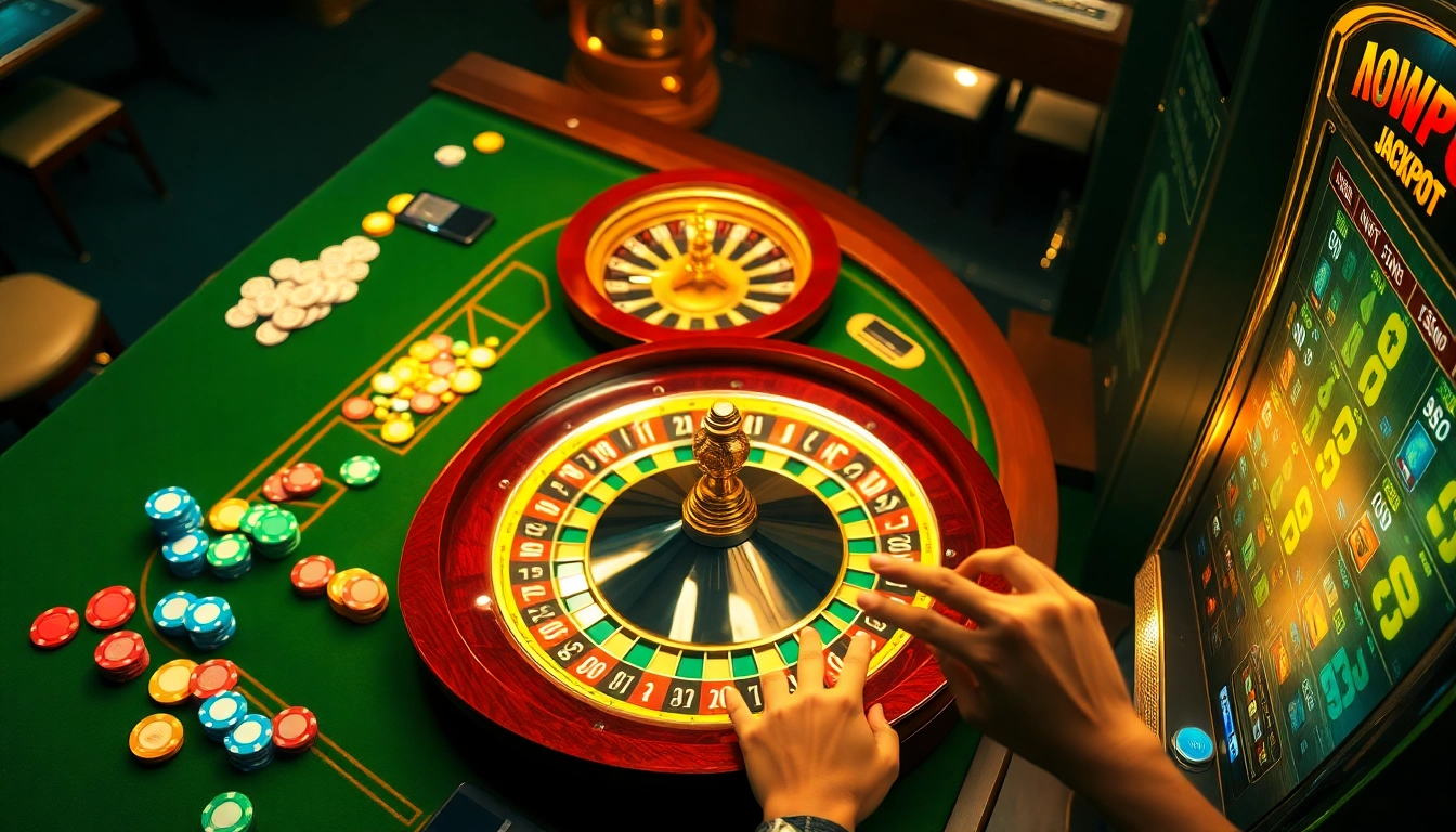 Experience the excitement of Nổ Hũ Đổi Thưởng with vibrant casino visuals showcasing jackpot slots and gaming action.