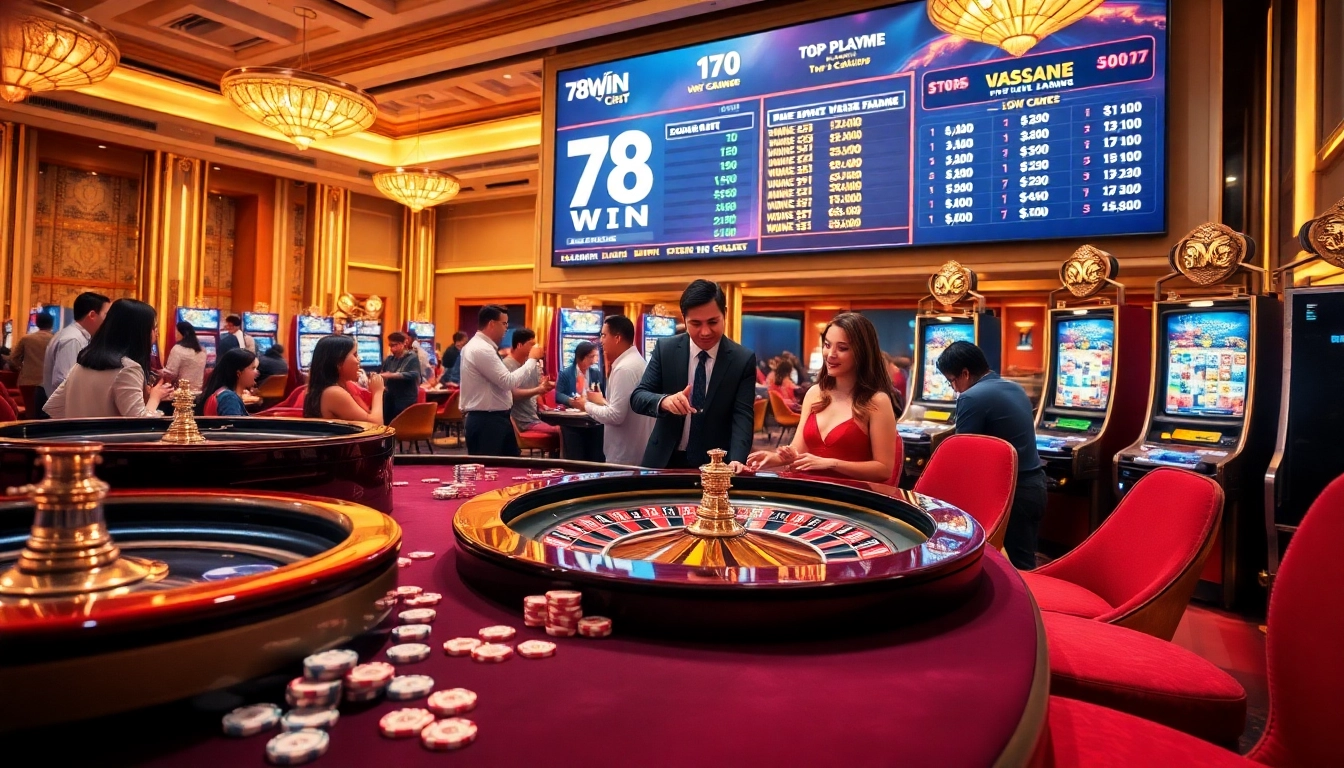 Experience high-stakes gaming at 78WIN with vibrant poker tables and roulette wheels in this exciting casino scene.