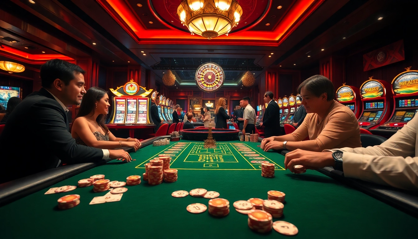 Experience thrilling gameplay at Nhacaiuytin's elegant casino environment filled with poker chips and spinning roulette wheels.