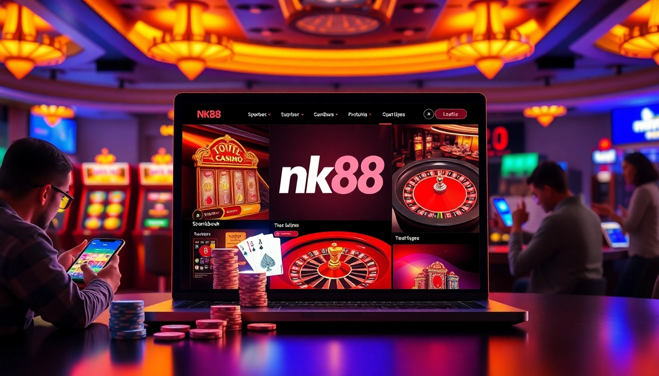 Engaging NK88 online casino interface displaying live betting, roulette spins, and slot jackpots