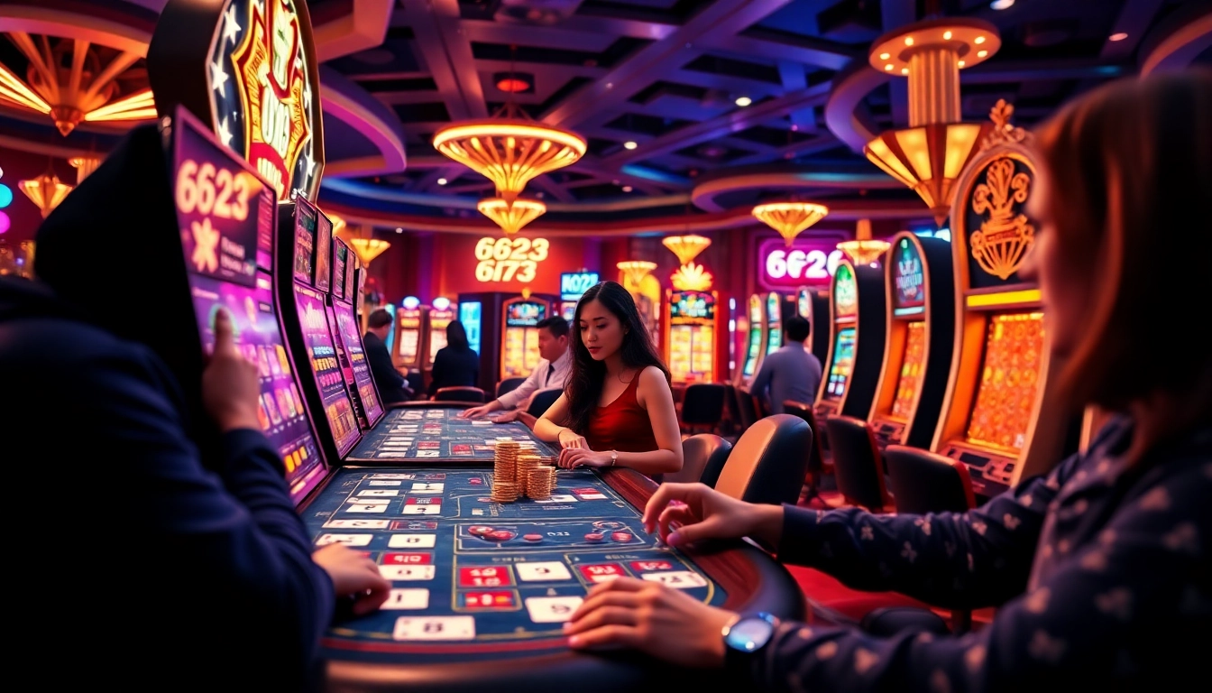 Engaging scene of players at 6623 casino with vibrant gaming interface and dynamic winning animations.