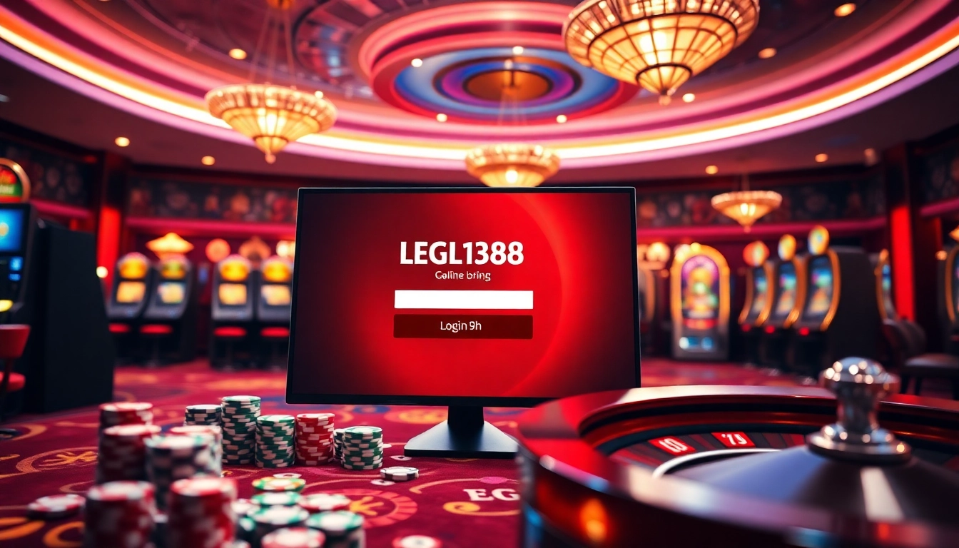 Exciting gaming scene featuring LEGO138 login with casino elements like poker chips and slots.