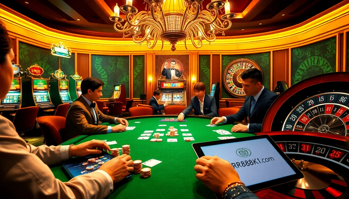 Exciting poker game scene at rr88k1 com casino, showcasing luxury and vibrant actions.