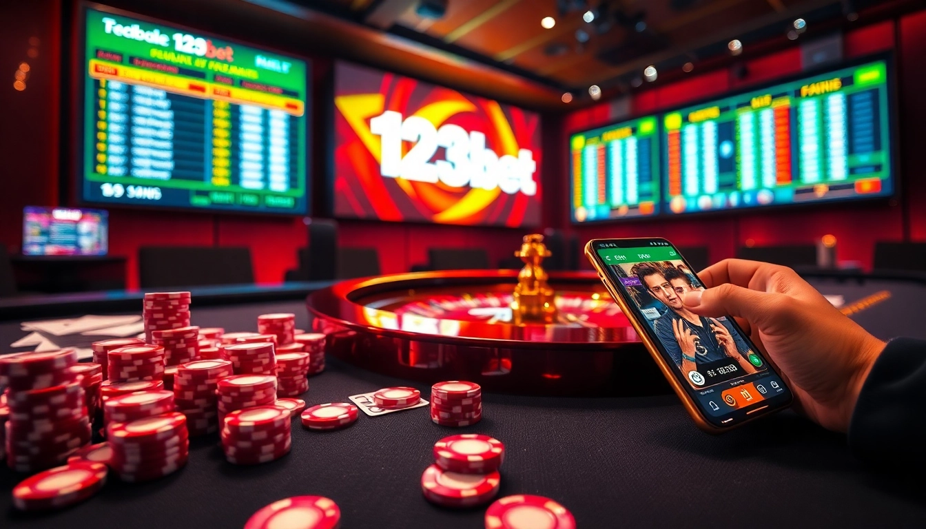 Experience thrilling gaming action at 123bet casino with vibrant poker chips and roulette.