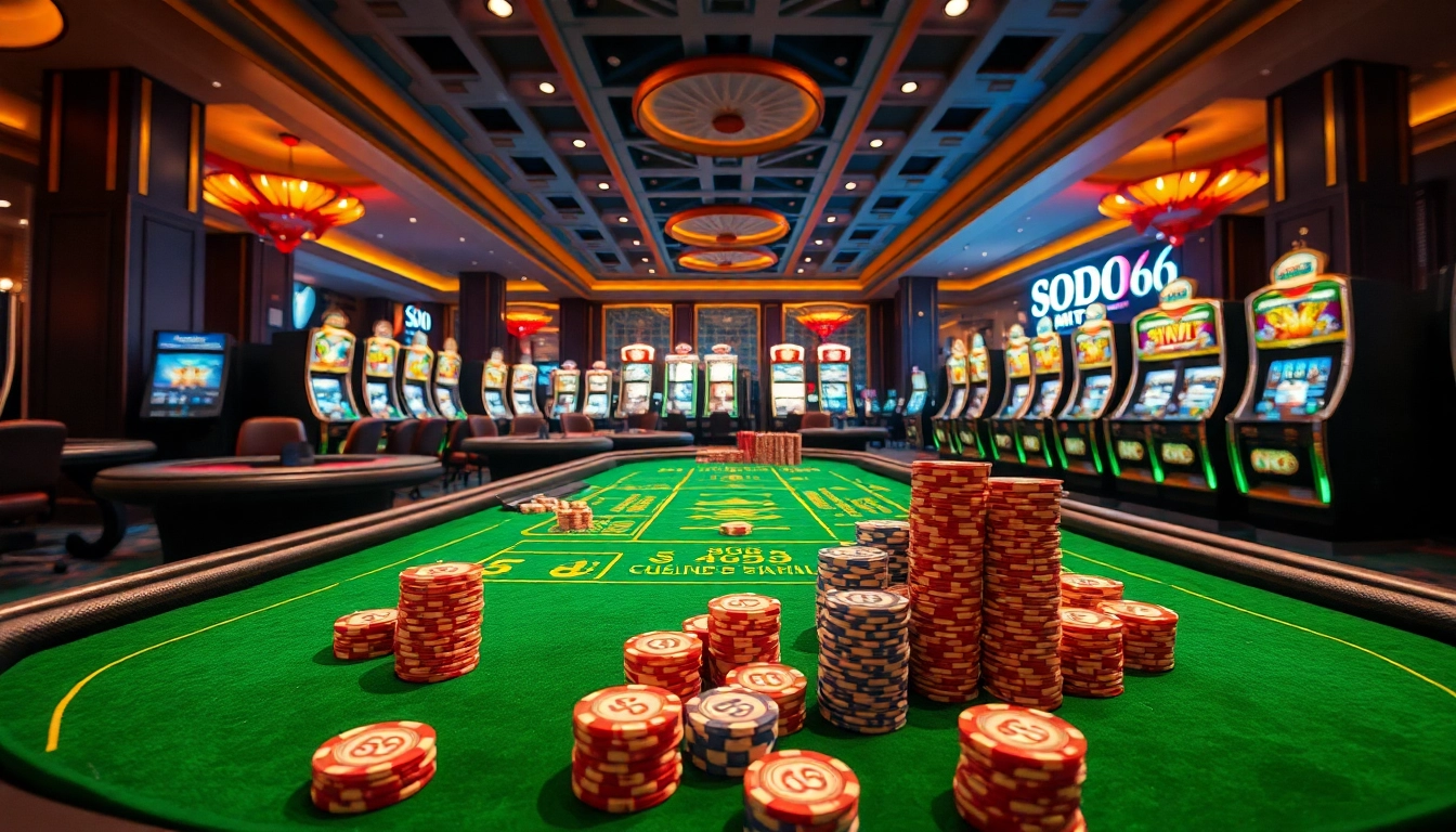 Players experiencing the thrill of SODO66 casino games amidst vibrant chip stacks and elegant tables.