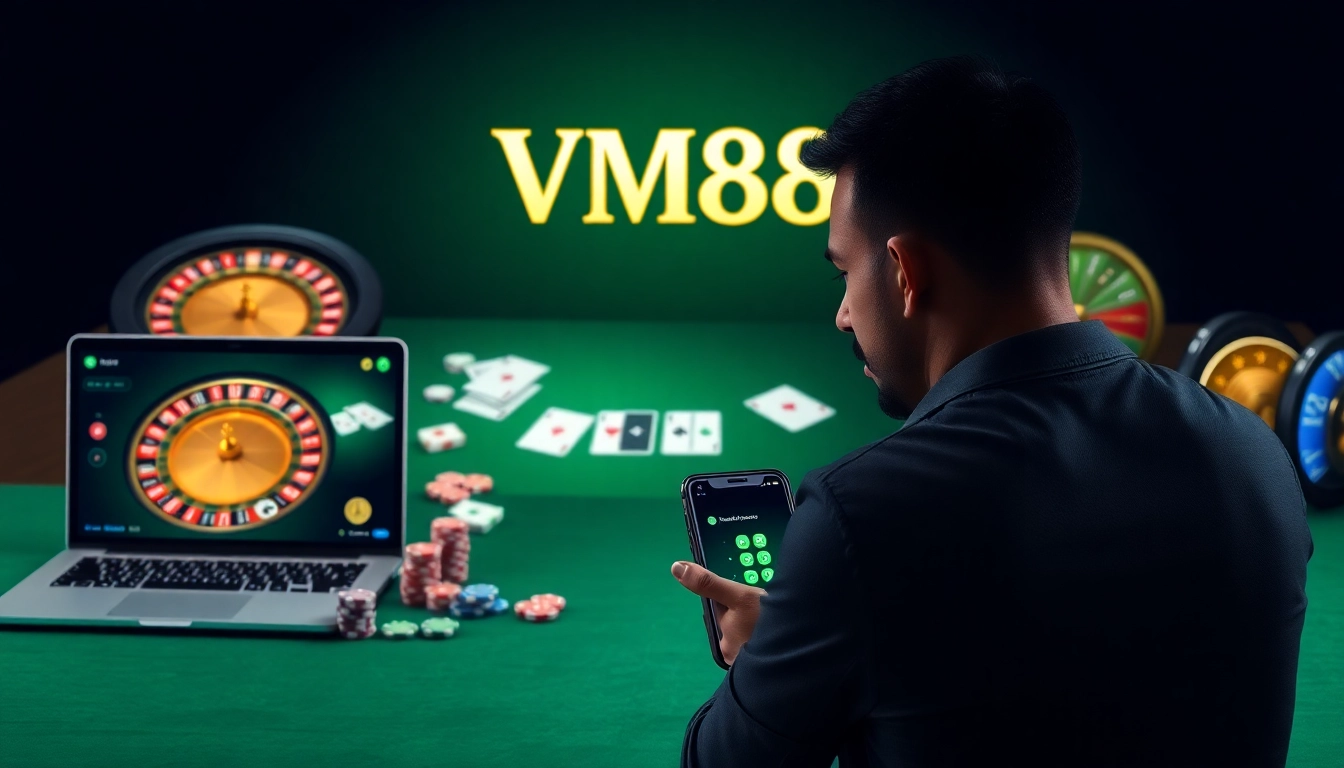 VM88 online casino interface showcasing strategic betting with poker chips and roulette wheel in a professional setting
