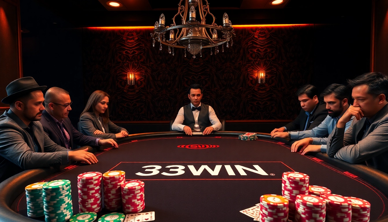 Players strategizing at a 33WIN poker table full of colorful chips and cards.