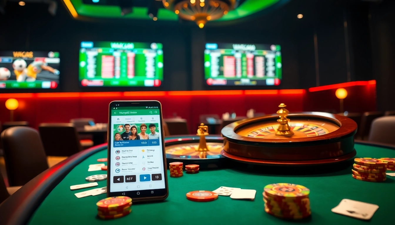 A dynamic Agen Judi Bola scene illustrating a luxurious casino setup with betting elements.