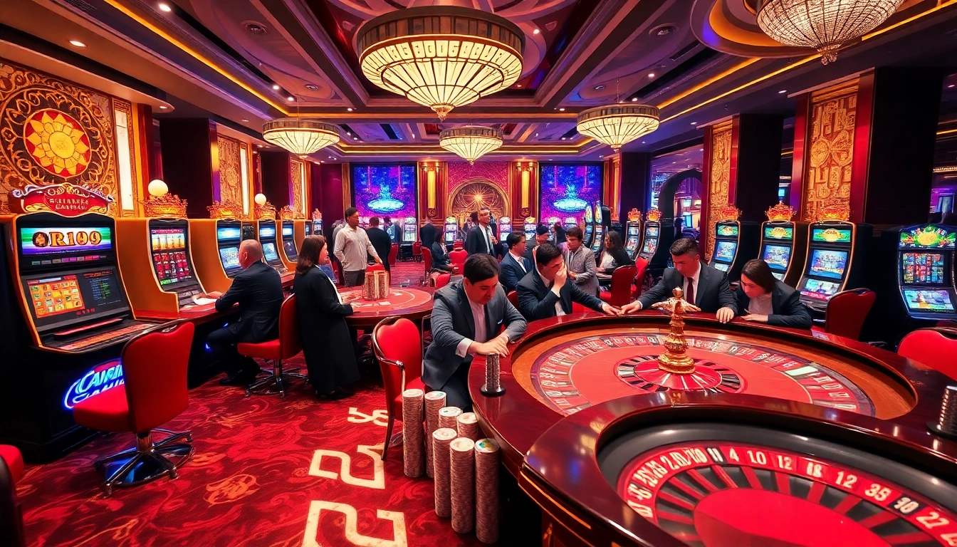 Experience the thrill of RR99 Casino with players enjoying poker and vibrant slot machines.