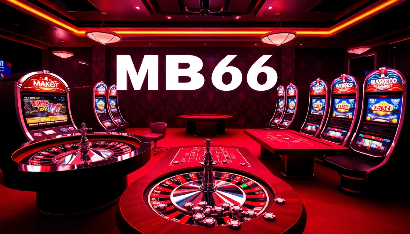 Experience the thrill of MB66 gaming with luxury casino tables and vibrant slot machines.