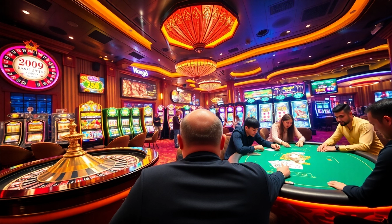 KONG88 casino scene featuring excited players at a poker table and vibrant slot machines.