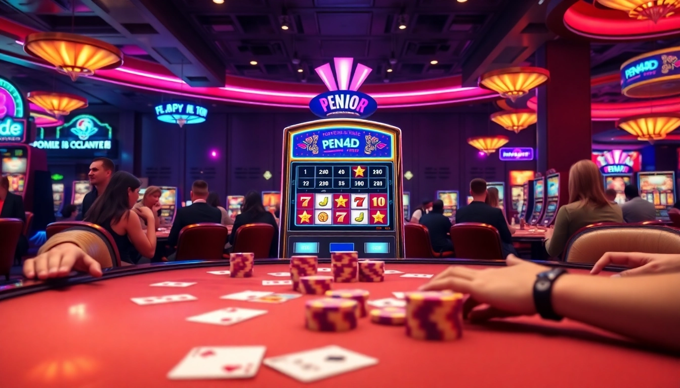 PEN4D login excitement captured in a luxurious casino setting with vibrant slot machines and players in action.