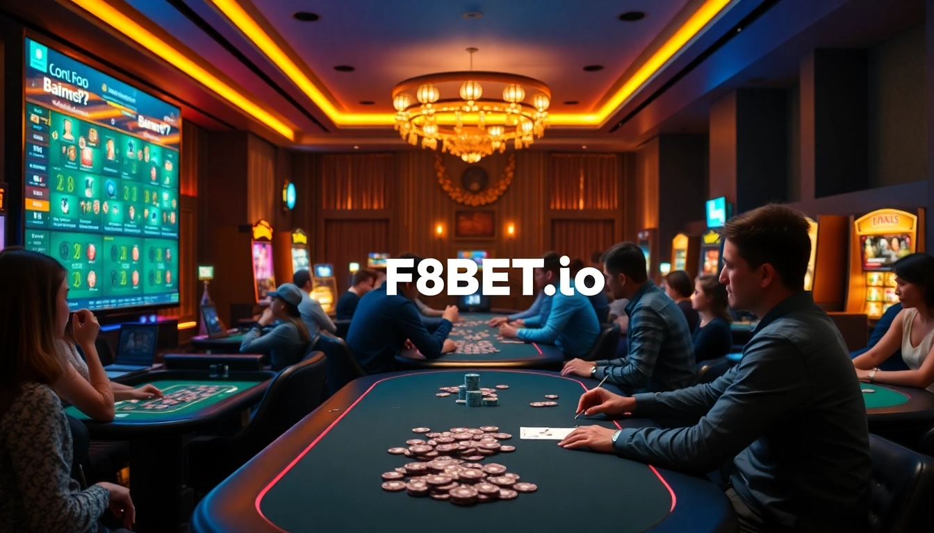 Experience the thrill of gaming at https://f8bet.io/ with diverse players enjoying online casino games in a vibrant setting.