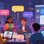 Interactive character AI NSFW chat environment showcasing diverse avatars and conversations in a vibrant digital cityscape.