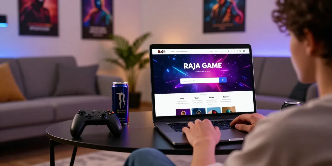Raja Game login interface displayed on a laptop in a cozy living room setting.